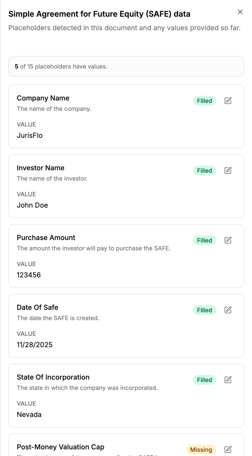 Structured data sheet